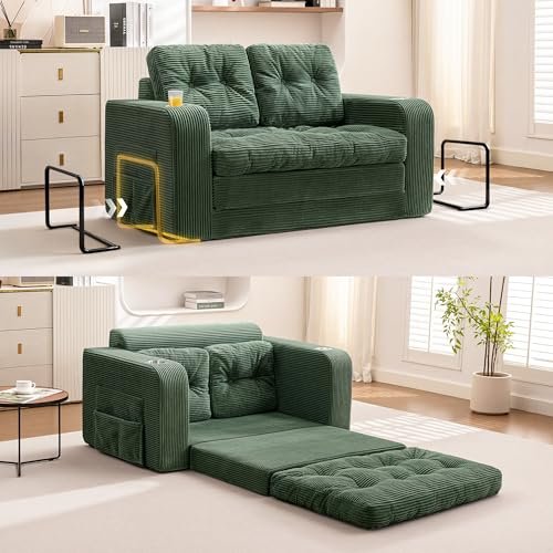 ALLGOD Green Convertible Sofa Bed with Pillows, Pull Out Couch Loveseat Sleeper Bed with Cup Holder and Fixed