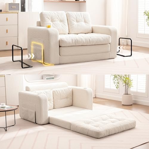 ALLGOD Beige Convertible Sofa Bed with Pillows, Pull Out Couch with Cup Holder and Fixed