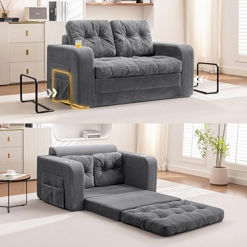 ALLGOD Grey Convertible Sofa Bed with Pillows, Pull Out Couch with Cup Holder and Fixed
