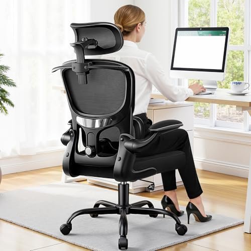 ALLGOD Ergonomic Office Chair, Mesh Desk Chair with Lumbar Support, High Back Home Office Chair with Adjustable Headrest and Flip